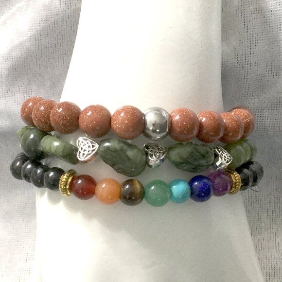New 3pc Natural Stone Stretch Bracelet Set - Mixed Gemstone Beads Boho Stackable - Picture 1 of 10